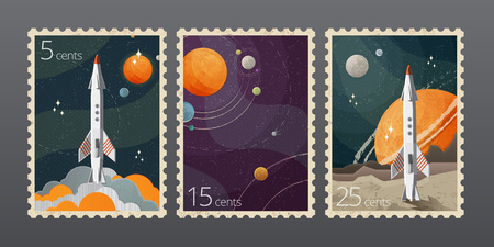 Vector illustration of vintage space postage stamp with planets isolated on gray backgroundのイラスト素材