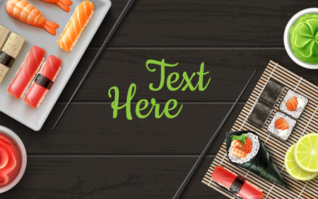 Vector sushi flat lay on black wooden table with place for textのイラスト素材