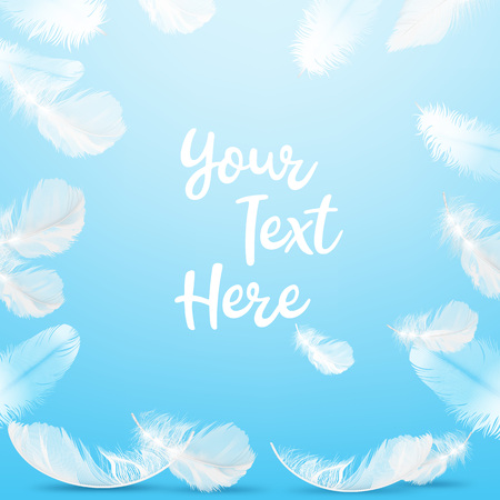 Vector illustration of frame delicate white feathers on blue background with space for textのイラスト素材