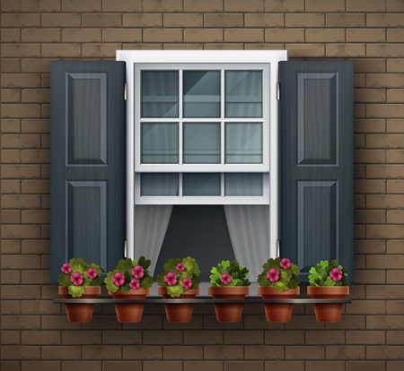 Elements of architecture , window background. Window with flower pots on a wall. Cartoon house element. Close up view of nice white framed window with flowersのイラスト素材