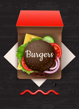 Vector illustration of big cheeseburger with black bun and sesame in red cardboard box, top viewのイラスト素材