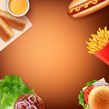 Vector illustration of fast food meal: French fries, hot dog, cheeseburger , fried patty with sauce and grilled meat with vegetables. Isolated on brown background with space for your text.のイラスト素材