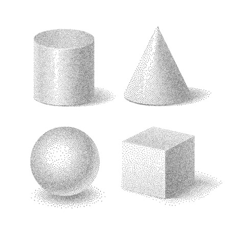 Vector illustration of basic 3d shapes set of cube, cylinder, sphere and cone with halftone grainy texture, geometric stippled solids on white backgroundのイラスト素材