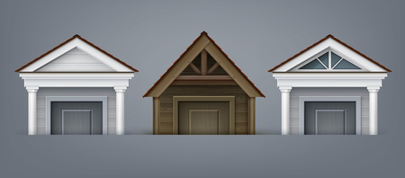 Vector illustration of element facade, three porticos made of wood and concrete with columns over door on backgroundのイラスト素材