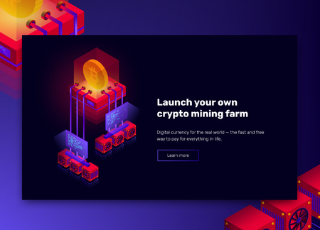 Vector illustration of cryptocurrency mining farm, big data processing for bitcoin, blockchain isometric concept, presentation banner in violet and red colorsのイラスト素材
