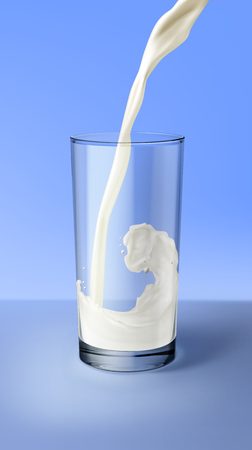 Vector illustration of realistic white milk pouring into glass on blue backgroundのイラスト素材