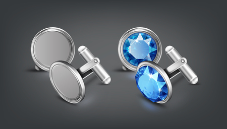 Vector realistic illustration of two pair silver or chrome cufflinks with blue gem isolated on dark backgroundのイラスト素材
