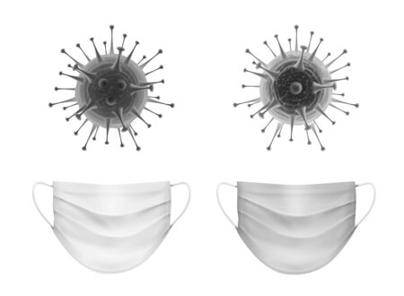 Vector monochrome set of coronavirus bacteria with medical face masks isolated on white background.のイラスト素材
