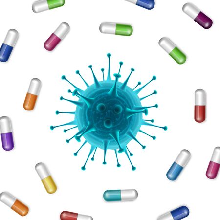 Bacteria vector background with pills and coronavirus in the middleのイラスト素材