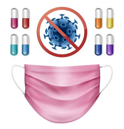 Stop coronavirus sign with tablets and medical face mask vector realistic illustrationのイラスト素材