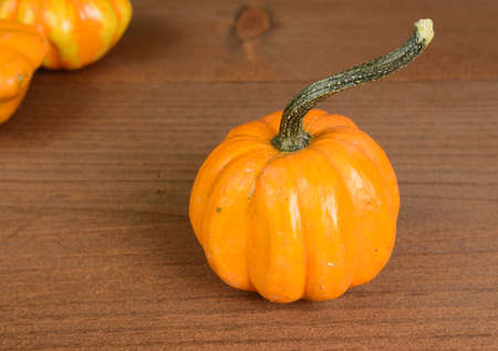 An orange pumpkin on a wood table with two more pumpkins in the background.の写真素材