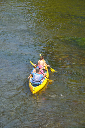 Tourists in canoe on the river Dordogneのeditorial素材