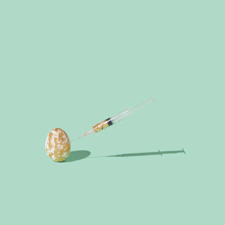 Creative Corona virus or 2019-nCoV or COVID-19 vaccine. Syringe with gold egg. Pandemic concept.の写真素材