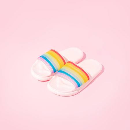 Summer slippers rainbow colors on pastel pink backgrounds. Creative minimal LGBT concept. Trendy...