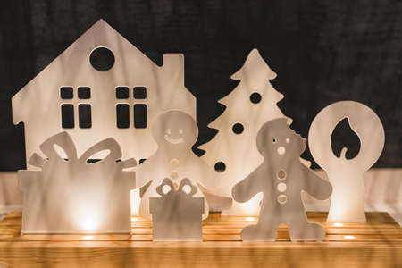 Composition of christmas decorations and toys on the wooden tableの写真素材