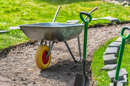 Picture of wheelbarrow in the backyard with green grass