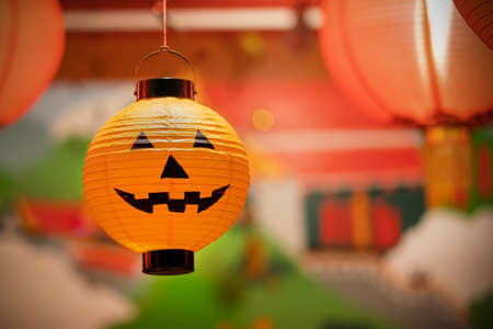 Picture of scary orange halloween pumpkin with angry face.の写真素材