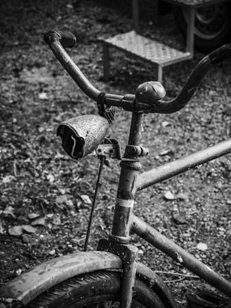 Black and white picture of old vintage metal bicycleの写真素材