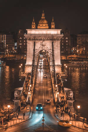 The Szechenyi Chain Bridge, illuminated at nightの写真素材