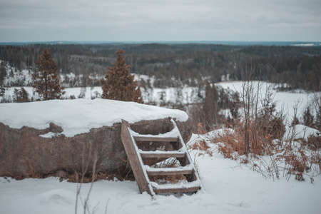 Picture of winter landscape overview from the top of the mountain. Singoallas grotta in Swedenの写真素材