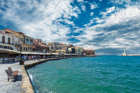Chania, Greece - August, 2018 : Old Venetian harbour of Chania on Crete, Greece. Chania is the second largest city of Crete and the capital of the Chania regional unit.のeditorial素材