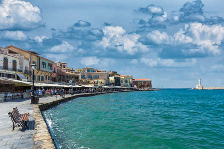 Chania, Greece - August, 2018 : Old Venetian harbour of Chania on Crete, Greece. Chania is the second largest city of Crete and the capital of the Chania regional unit.のeditorial素材