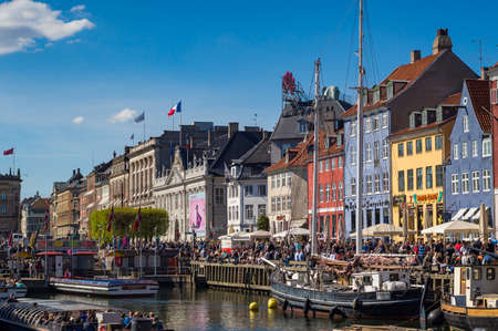 Copenhagen, Denmark - May, 2016. Famous Nyhavn pier with colorful buildings and boats in Copenhagen, Denmarkのeditorial素材