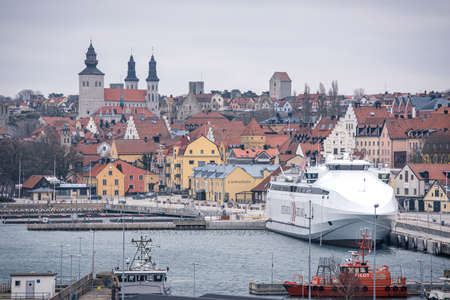 VISBY, SWEDEN - April 2018: City overview over the pier in Visby. Gotland, Swedenのeditorial素材