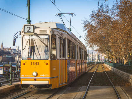 Budapest, Hungary - December 2018 : Tram way is popular transportation in Budapest run along Danube river connect many beautiful and historic place such The Parliament, Chain Bridge, Citadellaのeditorial素材