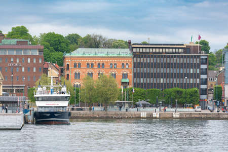 Helsinborg, Sweden - May, 2018: Beatiful View of the city centre and the port of Helsingborg in Sweden. The ship is moored in port in Helsingborg harbour.のeditorial素材