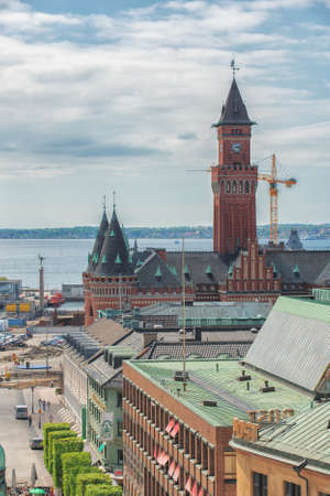 Helsinborg, Sweden - May, 2018: View of the city centre and the port of Helsingborg in Sweden. The ship is moored in port in Helsingborg harbour.のeditorial素材