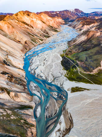 Landmannalaugar National Park in Iceland. Rainbow Mountains. Aerial view of beautiful colorful volcanic mountains. Top view. Picture made by drone from above.の写真素材