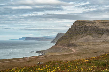 Beautiful view from the car at summer of road trip car at Westfjords in Icelandの写真素材