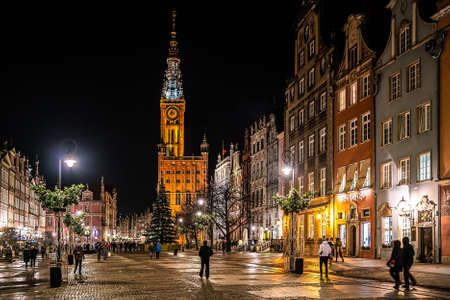 Gdansk, Poland - January 2019. Image of Old town of Gdansk with city hall at night, Polandのeditorial素材
