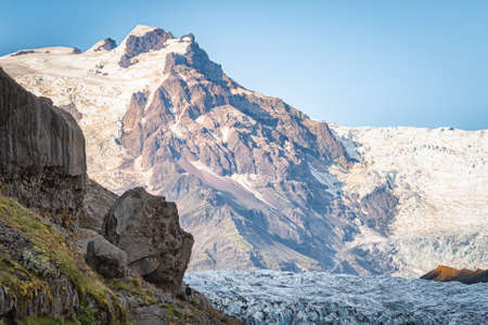 The beautiful cold winter landscape of the Jokulsarlon glacier lagoon in Iceland, in the winter with snow-capped mountain as a background.の写真素材