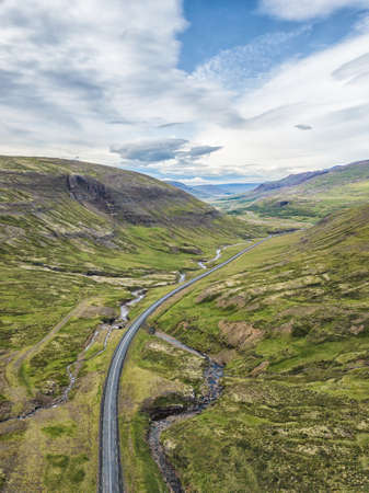 Image of Aerial beautiful view of empty road at north land in Iceland, Season summertimeの写真素材