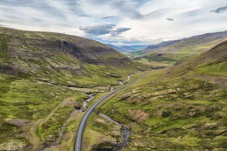 Image of Aerial beautiful view of empty road at north land in Iceland, Season summertimeの写真素材