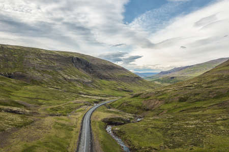 Image of Aerial beautiful view of empty road at north land in Iceland, Season summertimeの写真素材