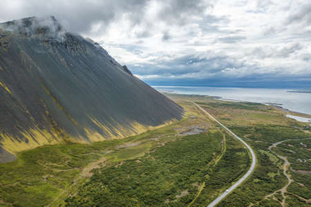 Image of Aerial beautiful view of empty road at north land in Iceland, Season summertimeの写真素材