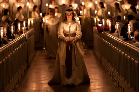 Vaxjo, Sweden - December, 2019. Saint Lucia Day choir celebrates the coming of Christmasのeditorial素材