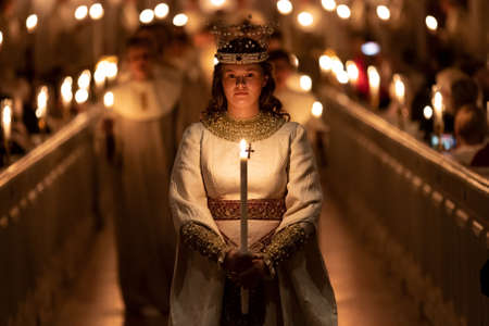 Vaxjo, Sweden - December, 2019. Saint Lucia Day choir celebrates the coming of Christmasのeditorial素材