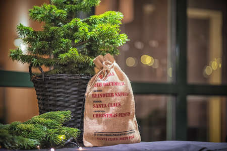 Image of Santas bag with christmas lights and decorationの写真素材