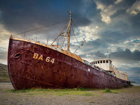 Oldest steel ship in Iceland the Gardar BA 64 on a beach in the Westfjordsの写真素材