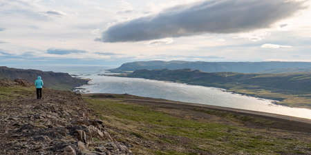 Panoramic view of the Atlantic Ocean and the road in the East Fjords, Icelandの写真素材
