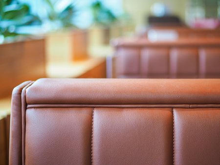 Brown leather seats in a row with flowers at the backgroundの写真素材