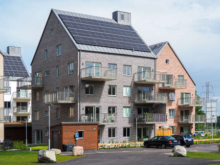 Modern house with solar panels on the gable roofの写真素材
