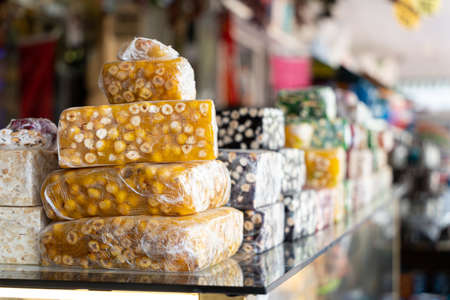 Tasty sweet lokum dish in food store in Istanbulの写真素材