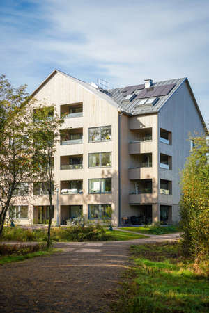 Modern house with solar panels on the gable roofの写真素材