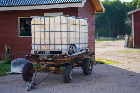Old plastic water tank on the rusty trailer at the animal farmの写真素材