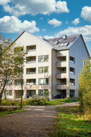 Modern house with solar panels on the gable roofの写真素材